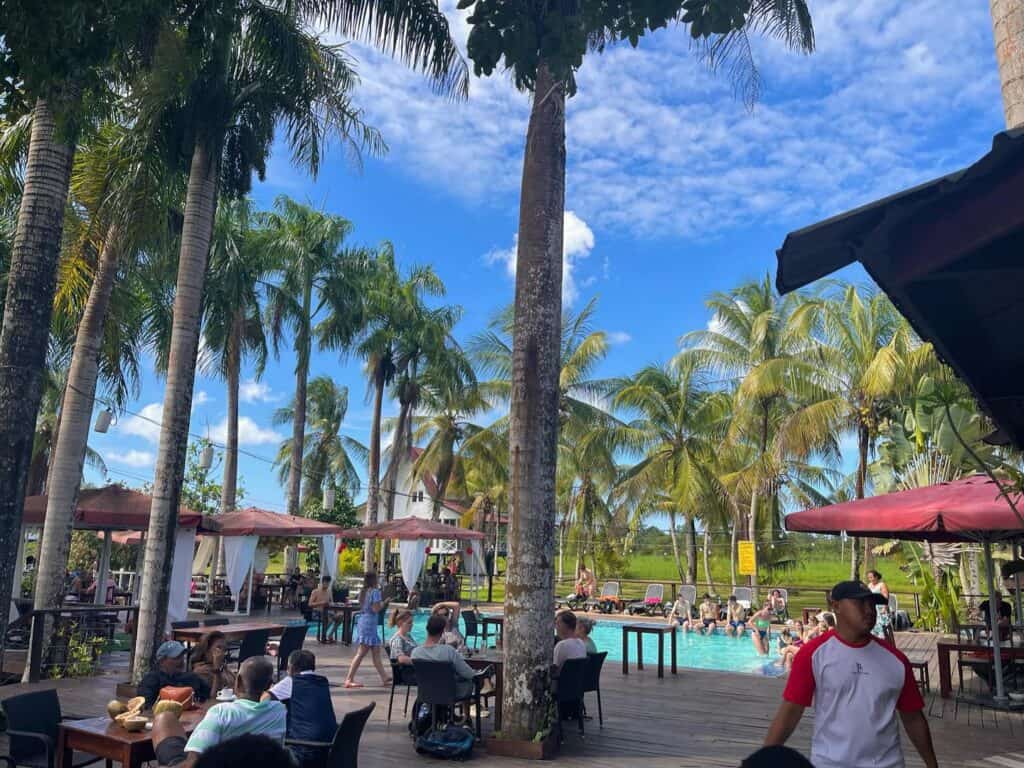 Zwembad met terras, parasols en hoge palmbomen op het plantageresort
