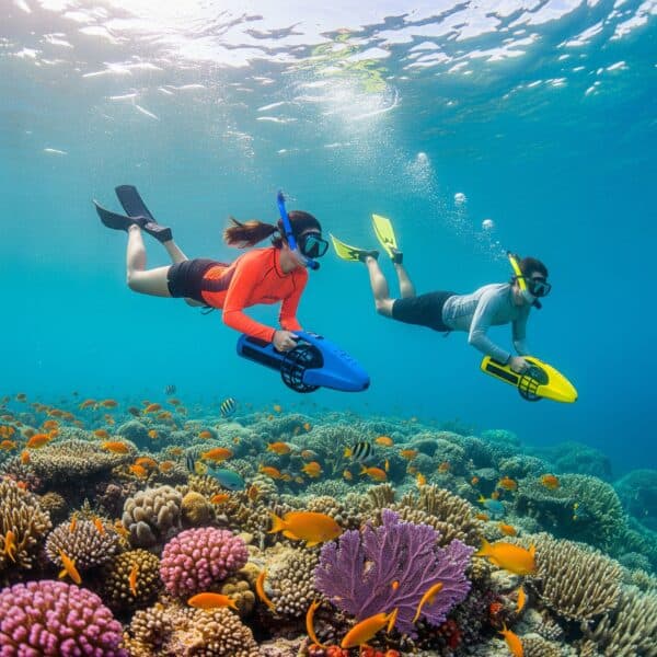 Twee snorkelaars gebruiken zeescooters boven levendig koraal en kleurrijke vissen in helder blauw water tijdens de Snorkel met zeescooters voor kleine groepen bij Mangel Halto Beach op Aruba.