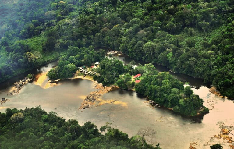 Luchtfoto van Danpaati River Lodge op een riviereiland in de Boven-Suriname