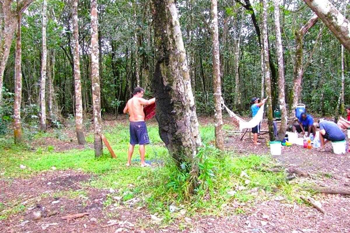 Deelnemers richten hun kampplaats in tussen de bomen langs de rivier
