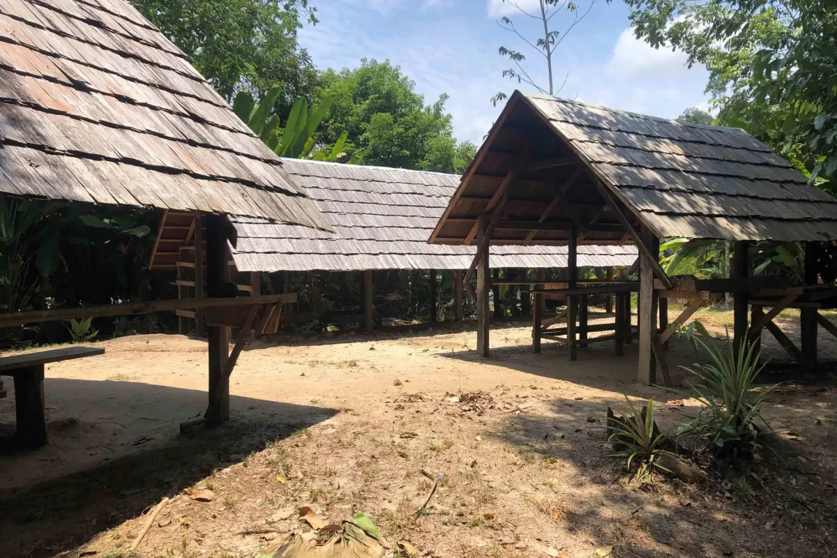 Open houten schuilhutten met houten daken op het kampeerterrein in het bos