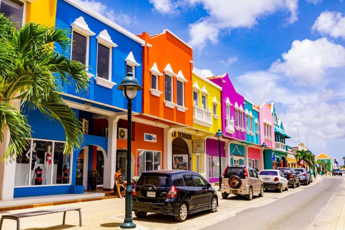 Experience the Private North Tour (Bonaire) as you explore a lively street with colorful blue, orange, yellow, pink, and green buildings, parked cars, and a palm tree beneath a bright, partly cloudy sky.