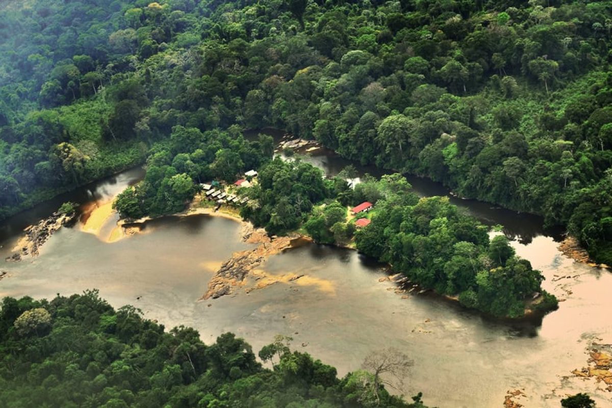 Luchtfoto van Danpaati River Lodge op een riviereiland in de Boven-Suriname