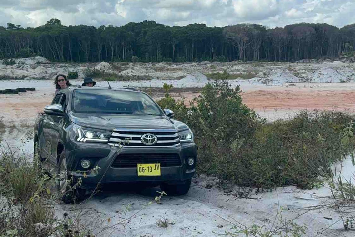 Pick-up geparkeerd in een wit zandsavannelandschap aan de bosrand