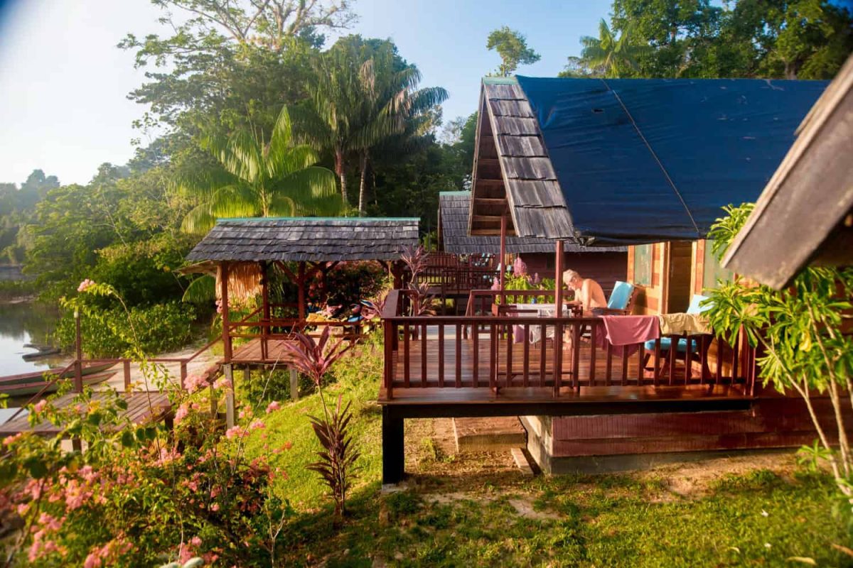 Cabins met veranda van Danpaati River Lodge tussen het groen